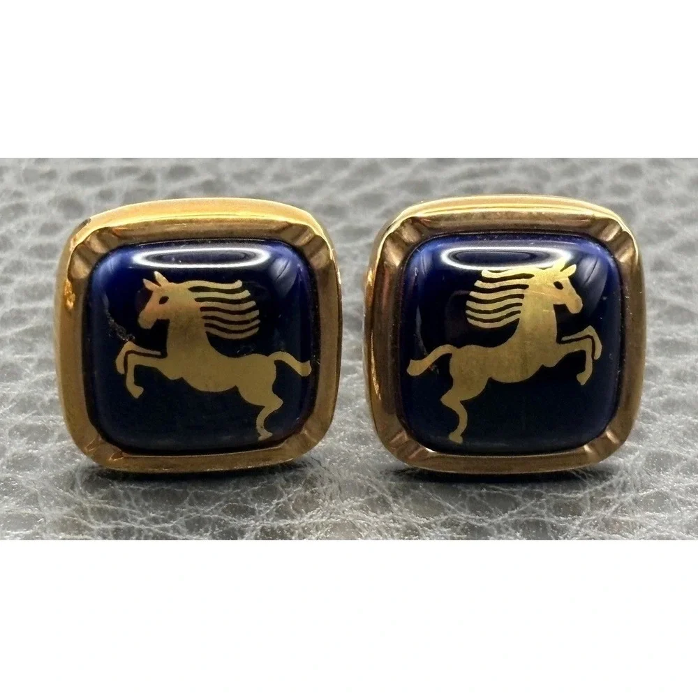 Vintage Made In Japan Gold Tone Cufflinks Navy Blue Enamel Equestrian Horse